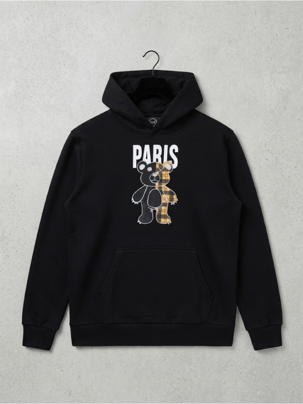Men's Black Crewneck Hoodie with Paris Teddy Graphic